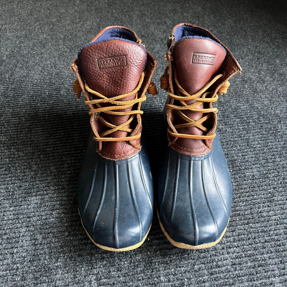 Sperry Saltwater Duck Boot Womens 9.5 Navy Brown Leather Waterproof  rain winter